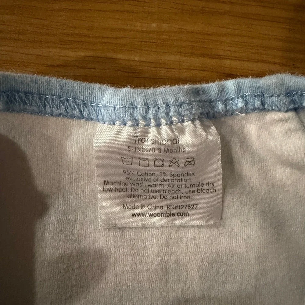 Woombie Transitional Swaddle 0-3 Months Blue White Truck Bicycle Sleep Sack